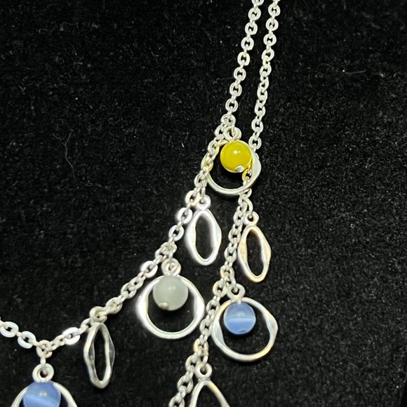 Double Strand Silver Tone Pink Clear Green Blue & Yellow Cats Eye Necklace (3742 - Picture 4 of 6